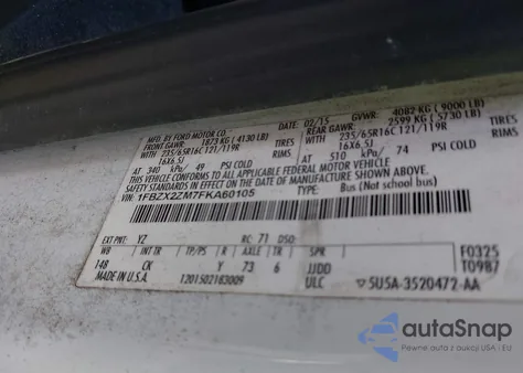 2015 Ford Transit-350 Xlt из США, поврежденный, VIN 1FBZX2ZM7FKA60105